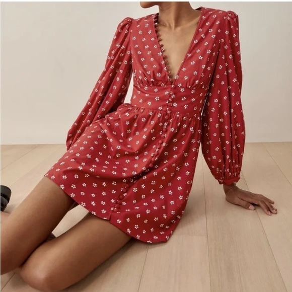 Reformation || Catie long sleeve cotton mini dress in nigella - Picture 3 of 9